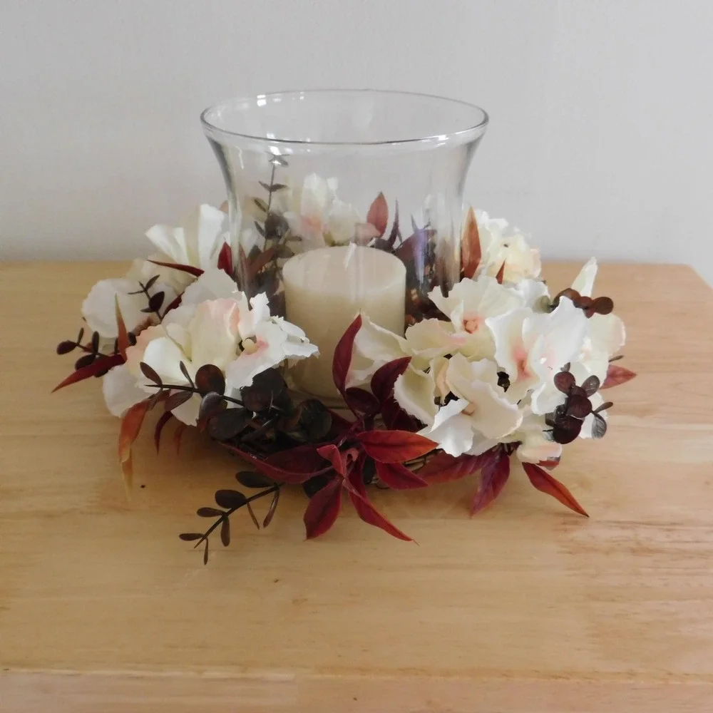 Mini Fall Candle Ring, Grapevine Wreath, Burgundy Leaves, Dried Look Hydrangeas